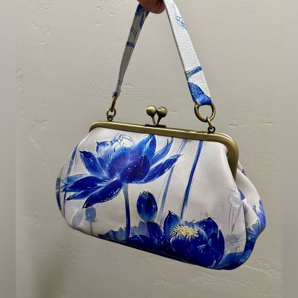 Vintage Style Handmade Cowhide Leather Lotus Print Kisslock Purse, Multi Use Bag - Picture 7 of 13